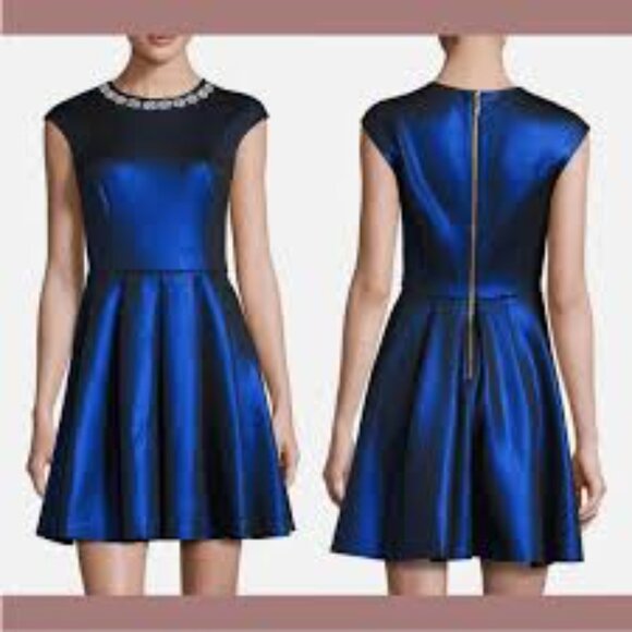 Ted Baker Metallic Blue Ayma Embellished Skater Dress Size 3 (Small) - Picture 2 of 13